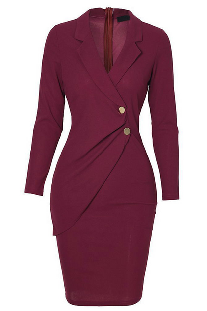 Patchwork Buckle Turn-back Collar Wrapped Skirt Dresses(4 Colors)