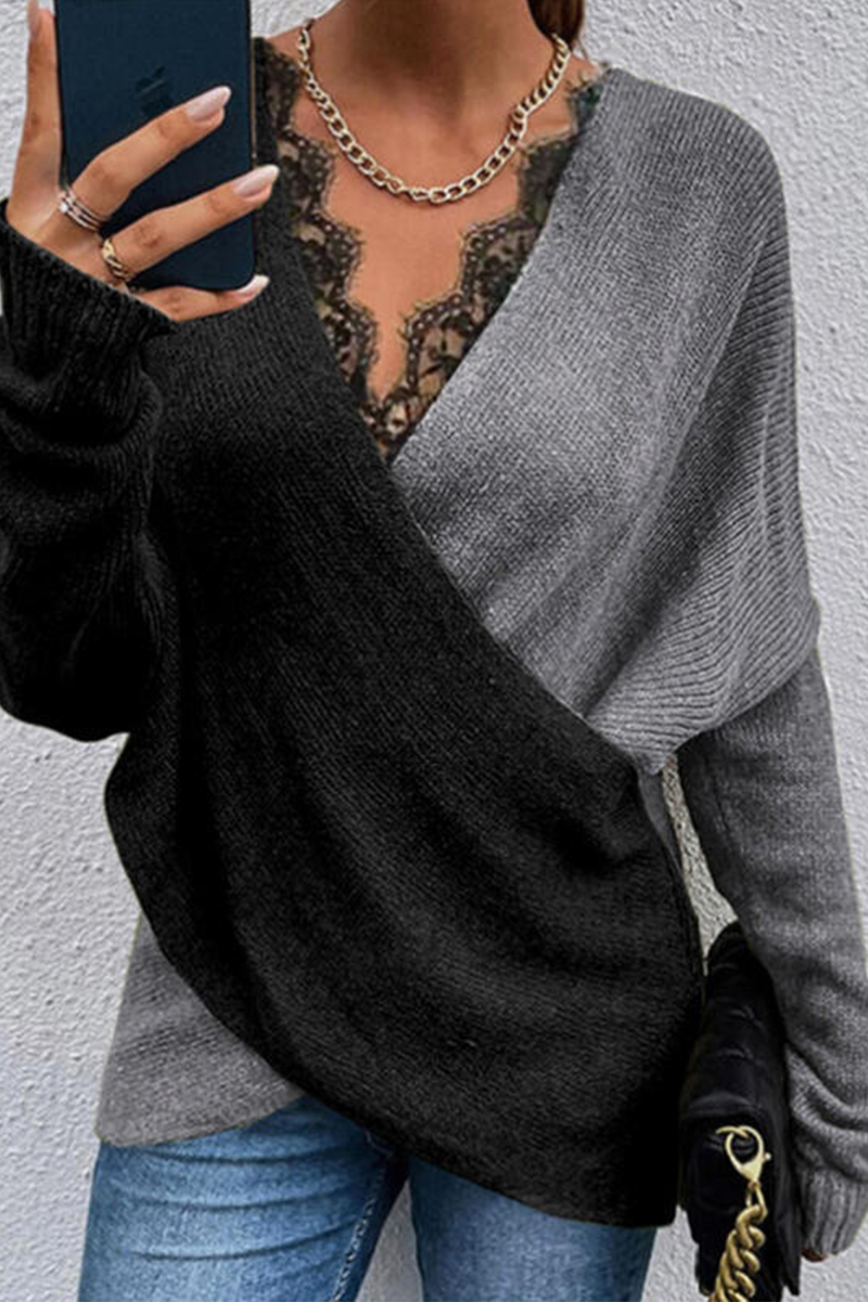 Patchwork Lace Contrast V Neck Sweaters(3 Colors)