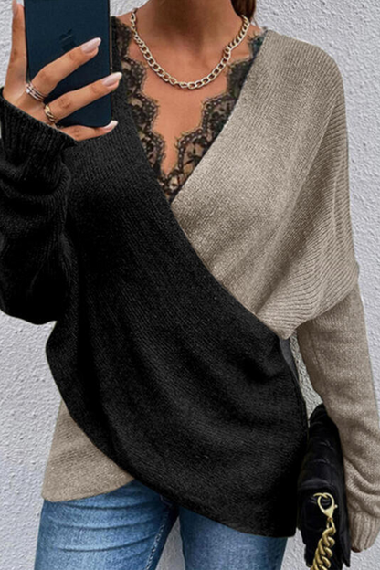 Patchwork Lace Contrast V Neck Sweaters(3 Colors)