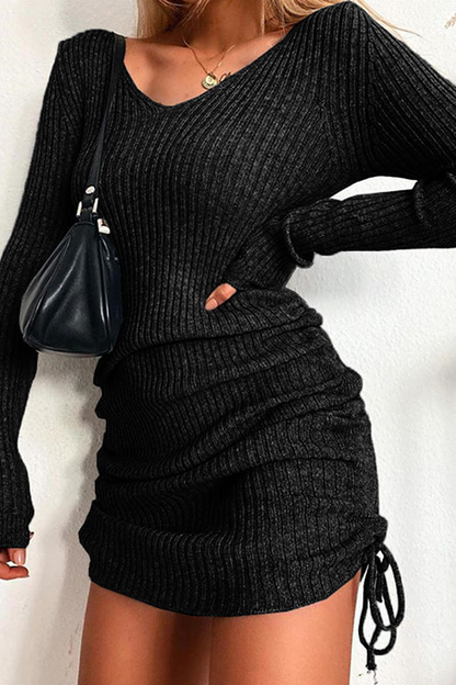 Draw String Frenulum V Neck Pencil Skirt Dresses