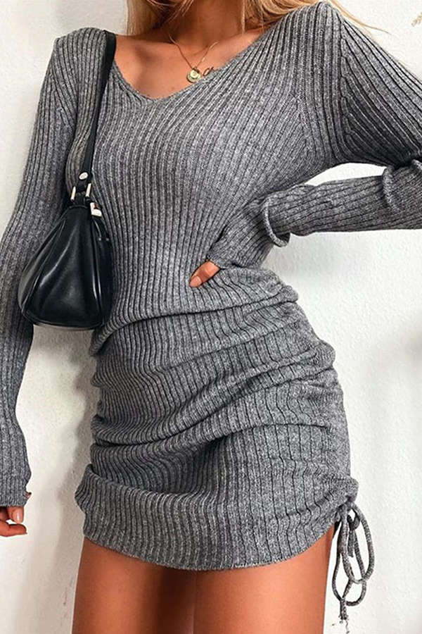 Draw String Frenulum V Neck Pencil Skirt Dresses