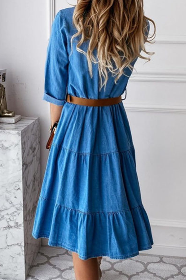 Buckle With Belt Turndown Collar Cake Skirt Dresses