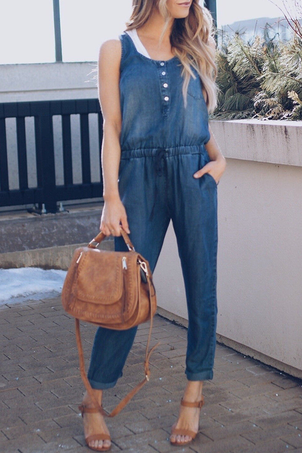 Street Frenulum Buckle U Neck Jumpsuits