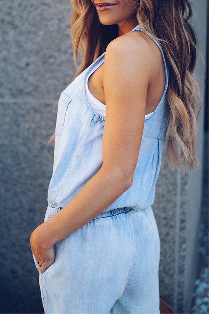 Street Frenulum Buckle U Neck Jumpsuits