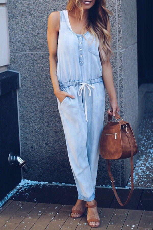 Street Frenulum Buckle U Neck Jumpsuits