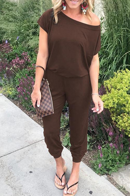 Patchwork Basic Oblique Collar Jumpsuits(8 Colors)