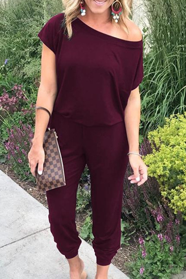 Patchwork Basic Oblique Collar Jumpsuits(8 Colors)
