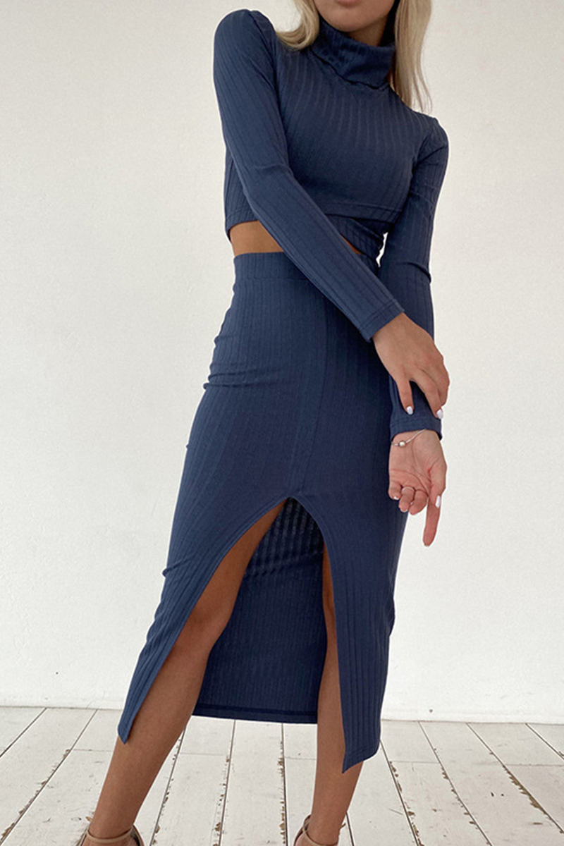 Slit Turtleneck Long Sleeve Two Pieces(4 Colors)