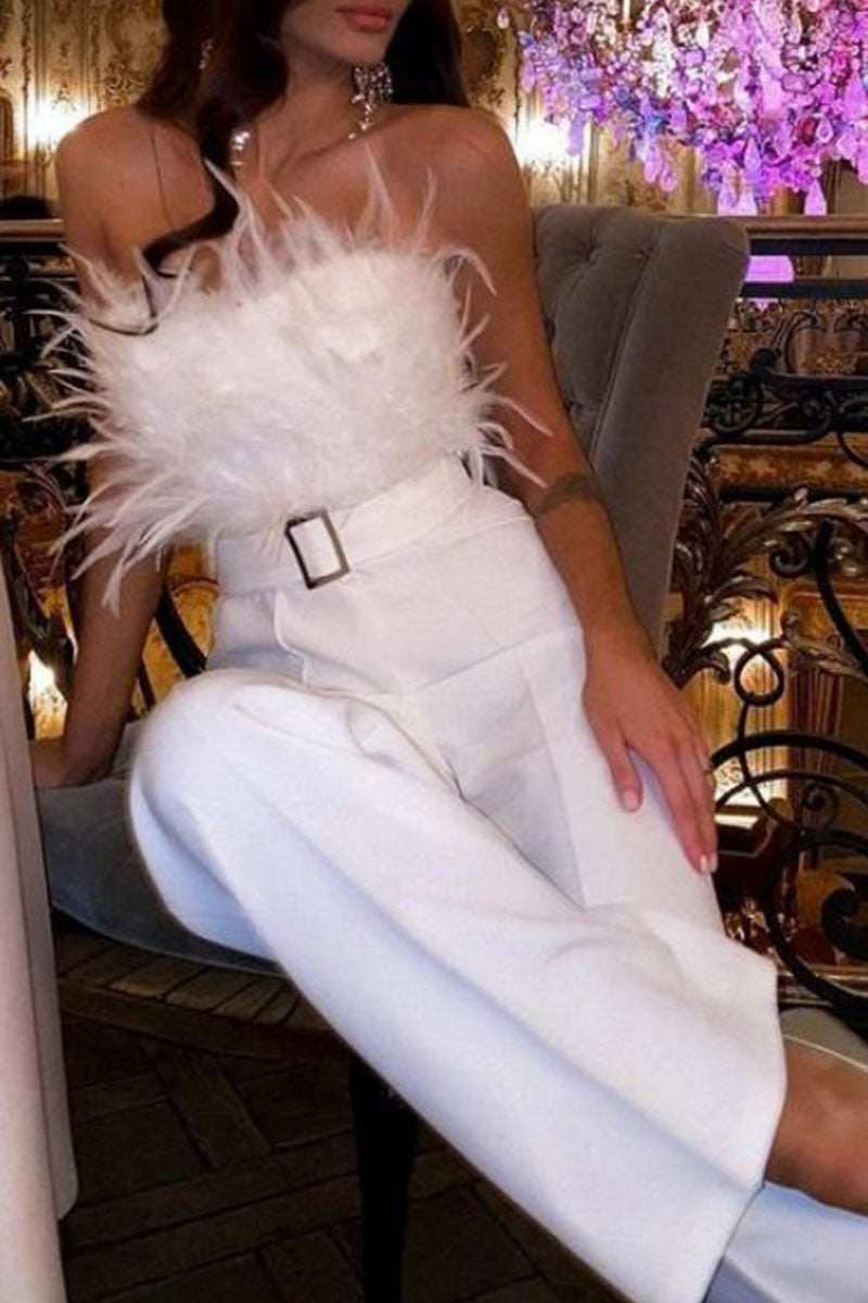 Feathers With Belt Strapless Jumpsuits(5 Colors)