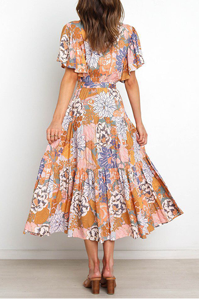 Flounce Strap Design V Neck Waist Skirt Dresses(4 Colors)