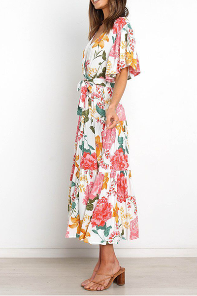 Flounce Strap Design V Neck Waist Skirt Dresses(4 Colors)