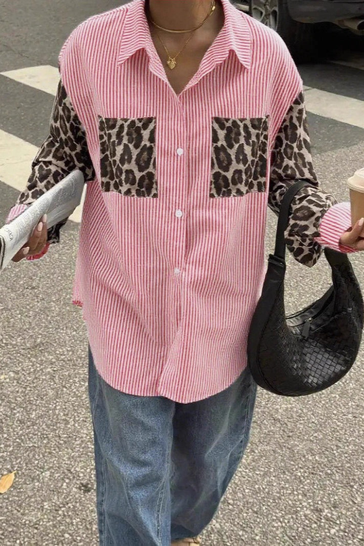 Stripe Leopard Patchwork Long Sleeve Blouse