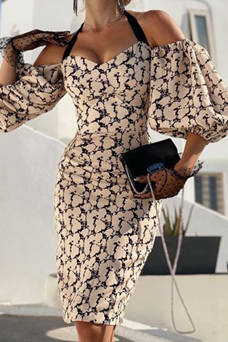 Print Split Joint Halter Pencil Skirt Dresses