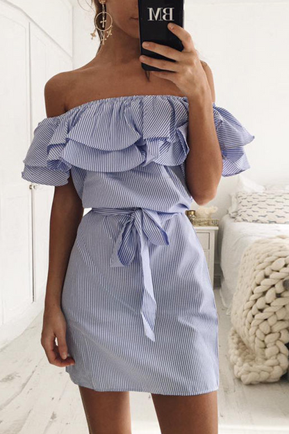 Striped Flounce Off the Shoulder Pencil Skirt Dresses(4 Colors)