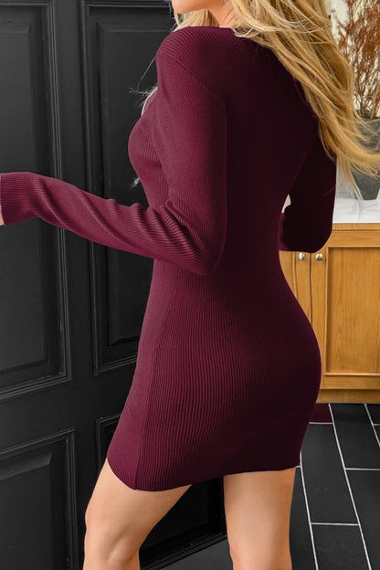 Buttoned Long-sleeve Bodycon Knit Mini Dress