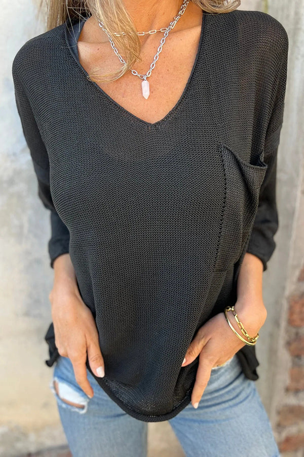 Autumn and Winter Knit V-neck Long Sleeve Pocket Sweater