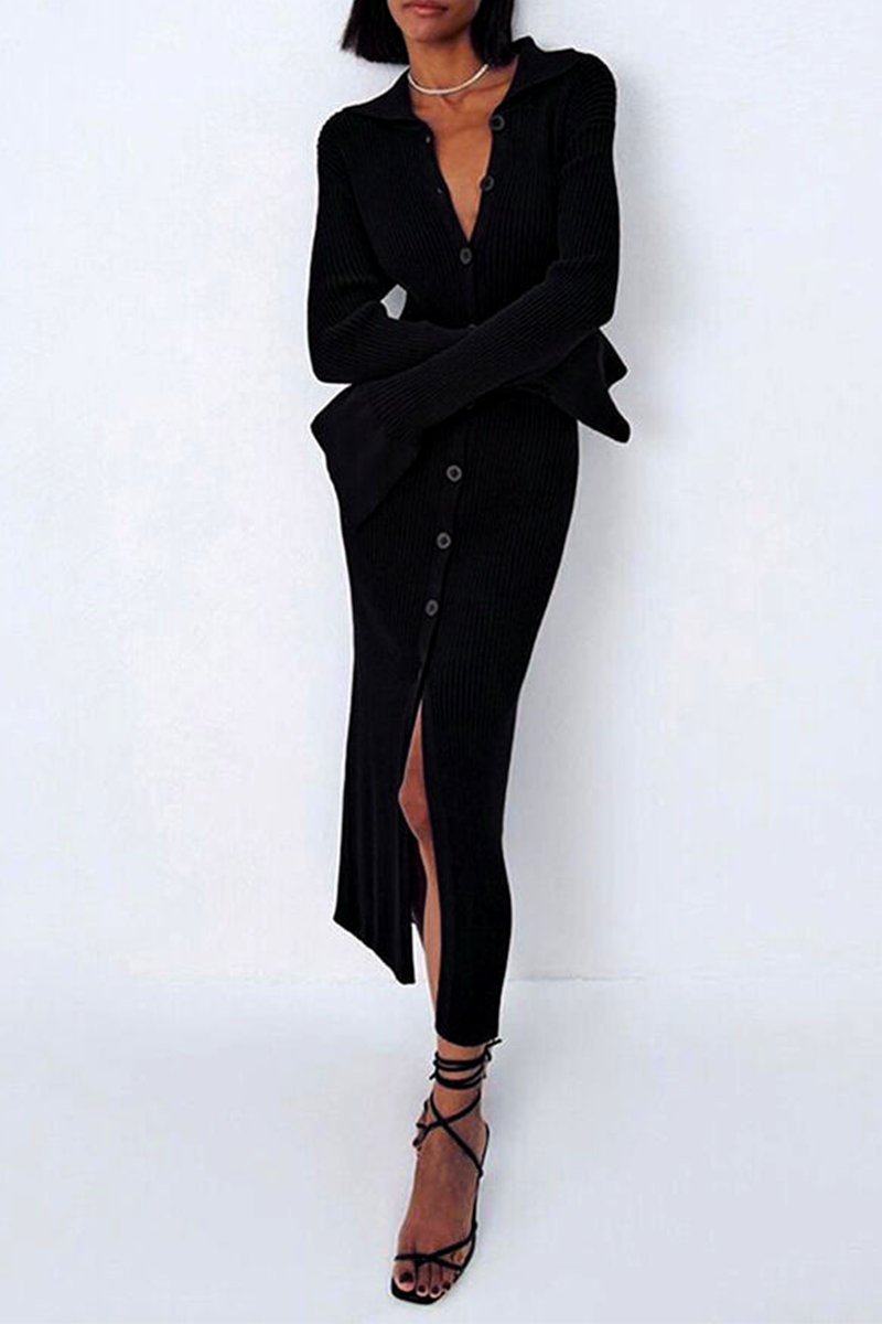 Split Joint Turndown Collar Pencil Skirt Dresses