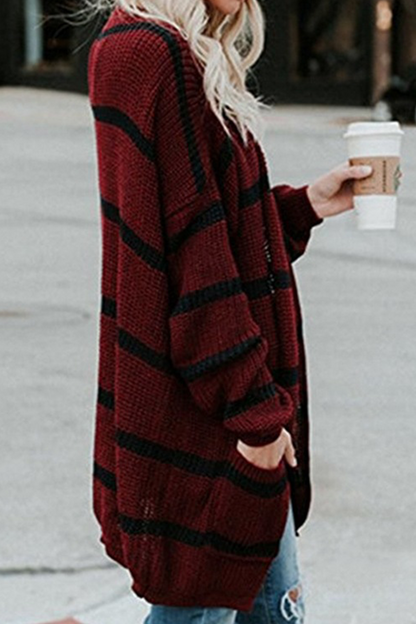 Striped Split Joint Cardigan Collar Outerwear