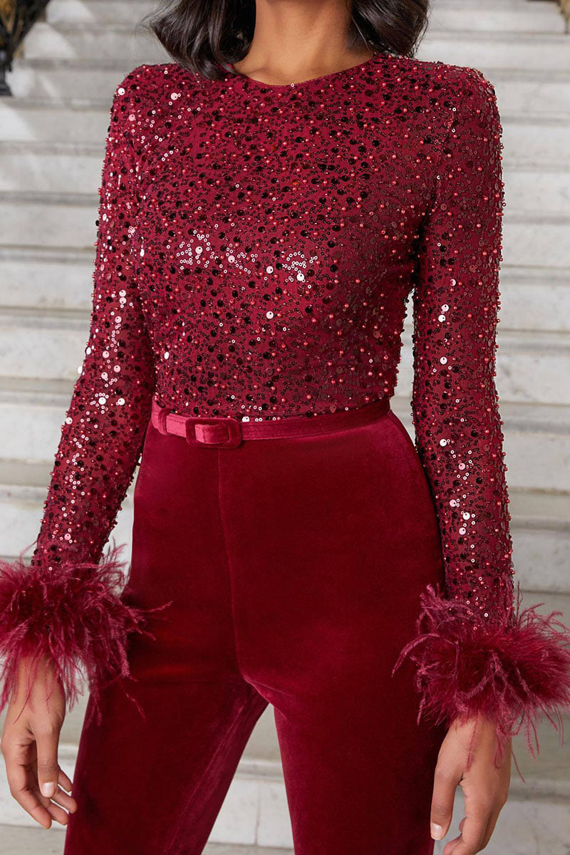 Patchwork Feathers Beading O Neck Straight Jumpsuits