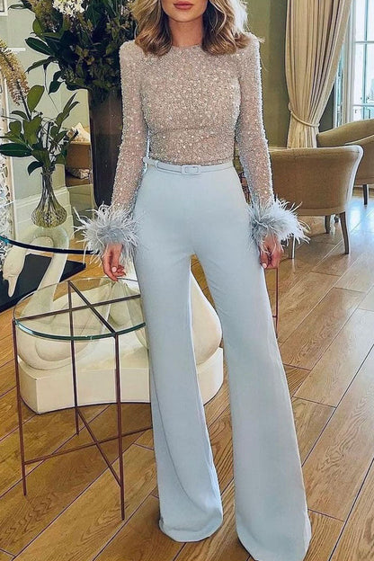 Patchwork Feathers Beading O Neck Straight Jumpsuits