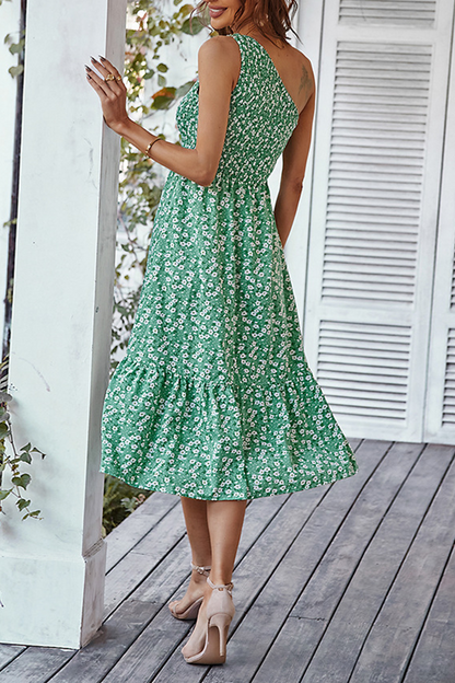 Print Patchwork One Shoulder Cake Skirt Dresses(4 Colors)