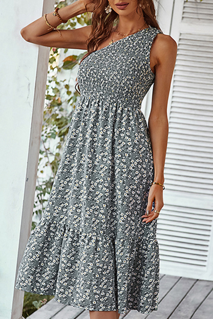 Print Patchwork One Shoulder Cake Skirt Dresses(4 Colors)