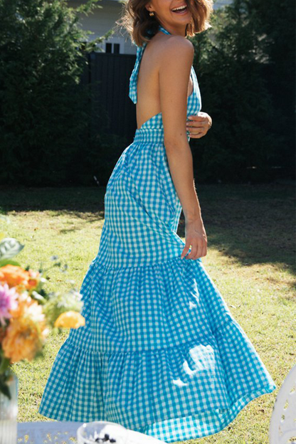 Plaid Hollowed Out Halter Cake Skirt Dresses