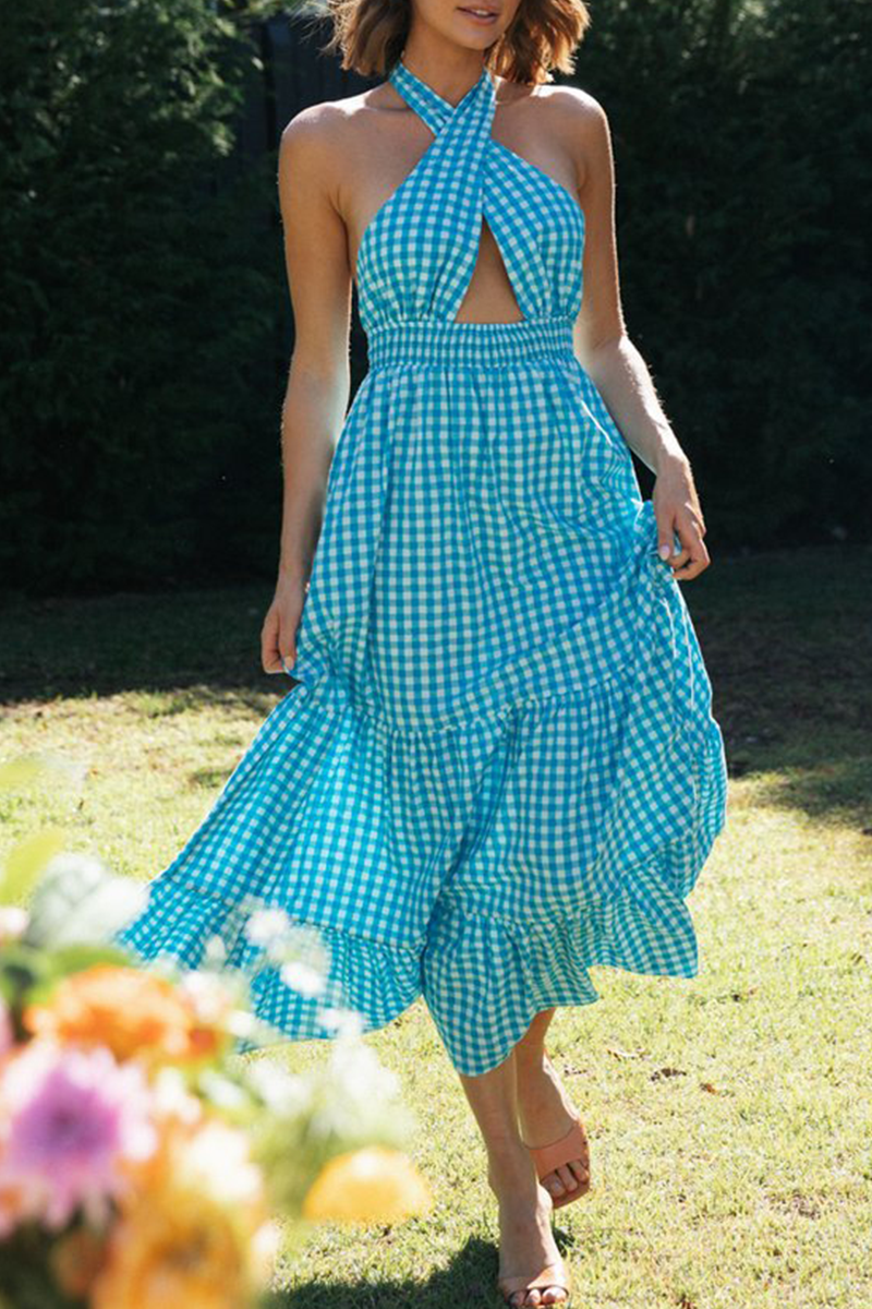 Plaid Hollowed Out Halter Cake Skirt Dresses