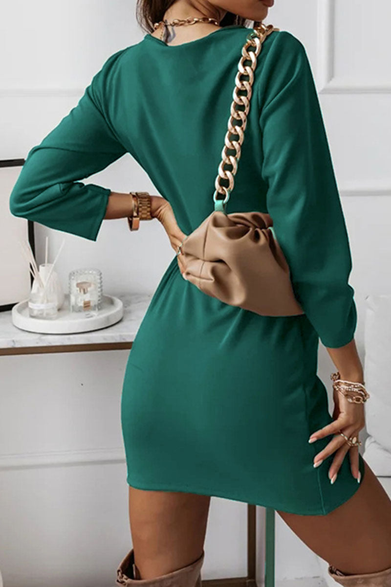 Patchwork Fold V Neck Pencil Skirt Dresses(4 Colors)
