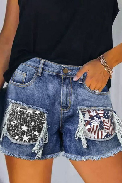 Print Ripped Mid Waist Regular Denim Shorts