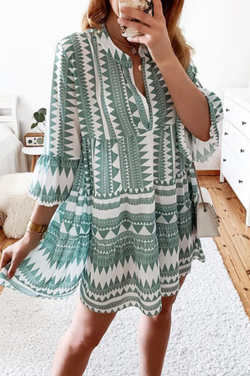 Print Split Joint V Neck Cake Skirt Dresses