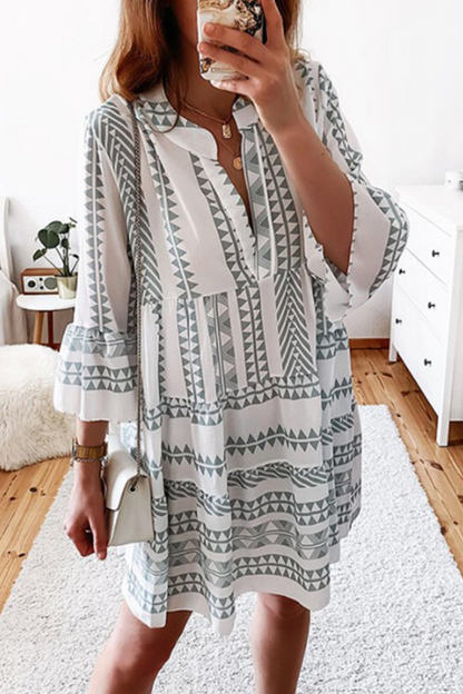 Print Split Joint V Neck Cake Skirt Dresses(4 Colors)