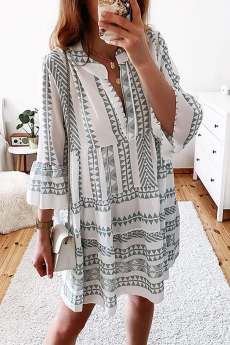 Print Split Joint V Neck Cake Skirt Dresses