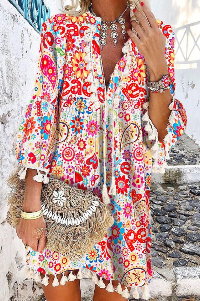 Print Tassel V Neck Cake Skirt Dresses