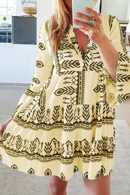 Print Patchwork V Neck Cake Skirt Dresses
