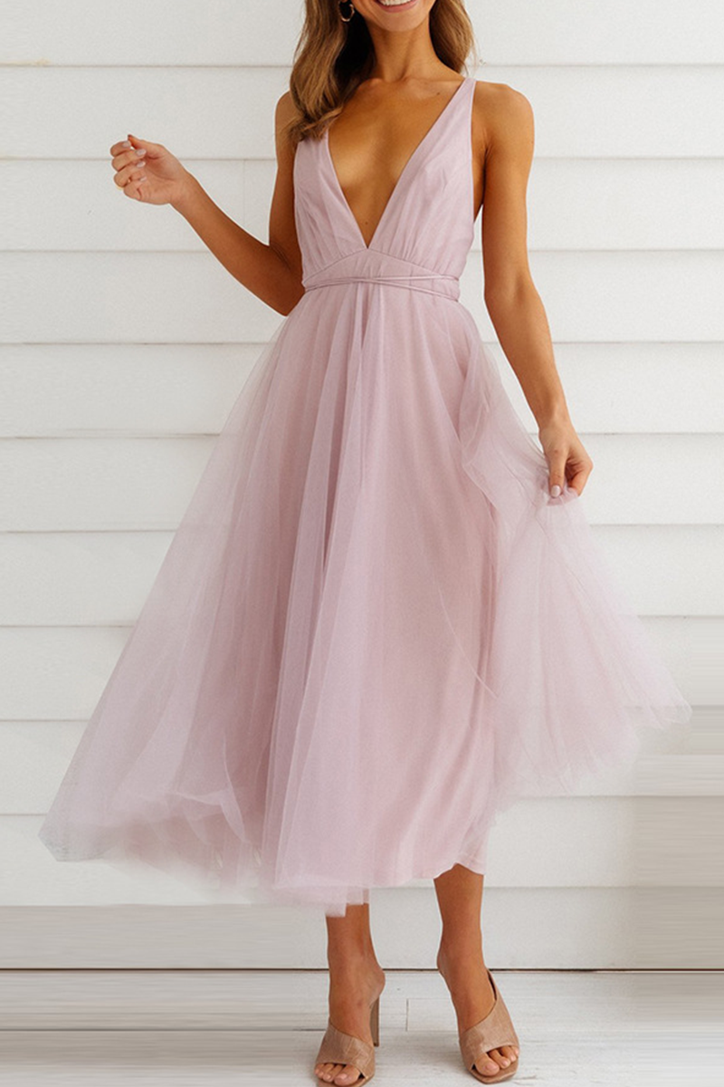 Mesh V Neck Cake Skirt Dresses(4 Colors)