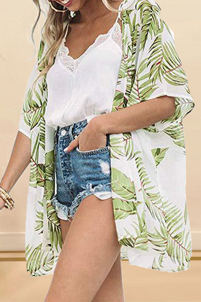 Print Split Joint Cardigan Collar Tops