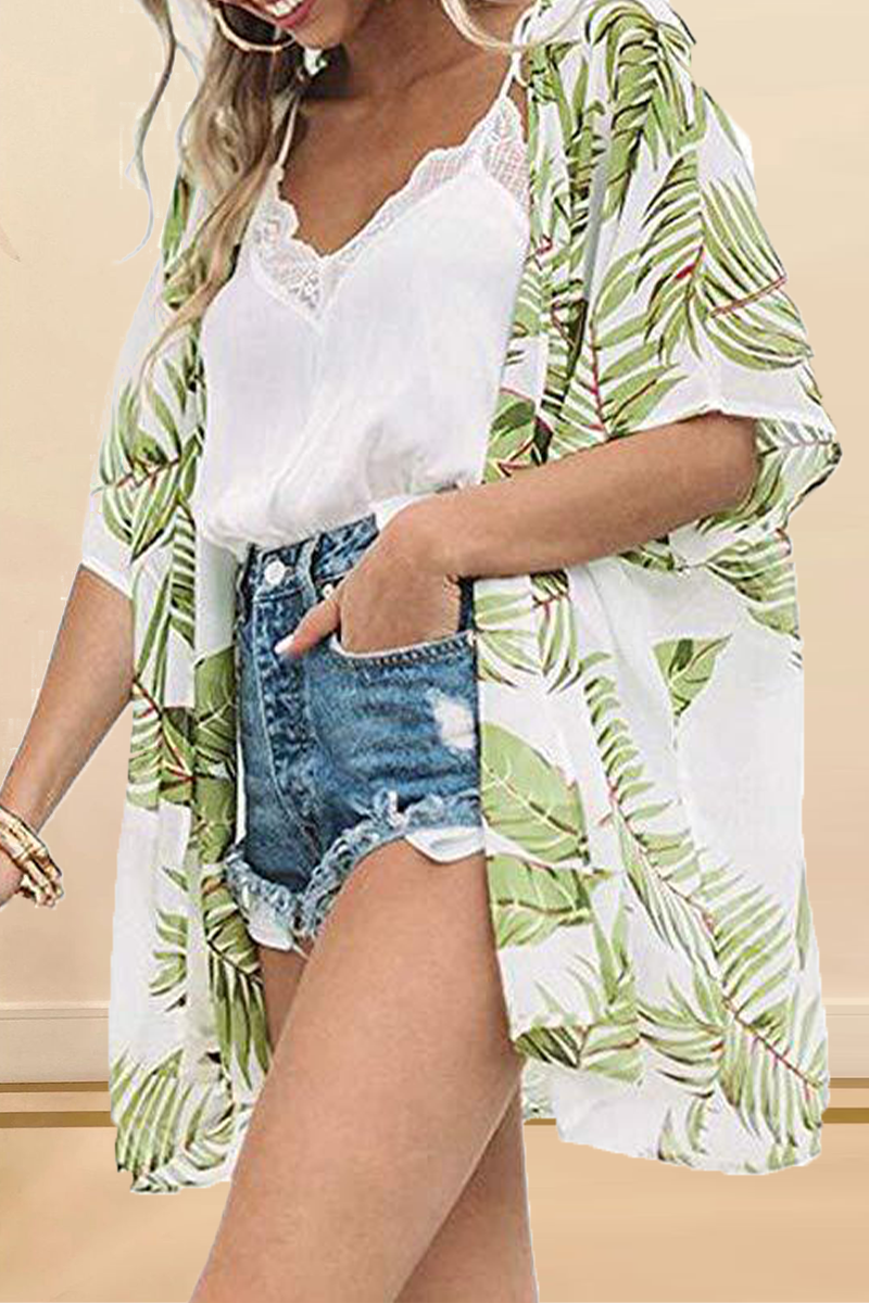 Print Split Joint Cardigan Collar Tops