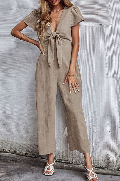 Patchwork V Neck Straight Jumpsuits