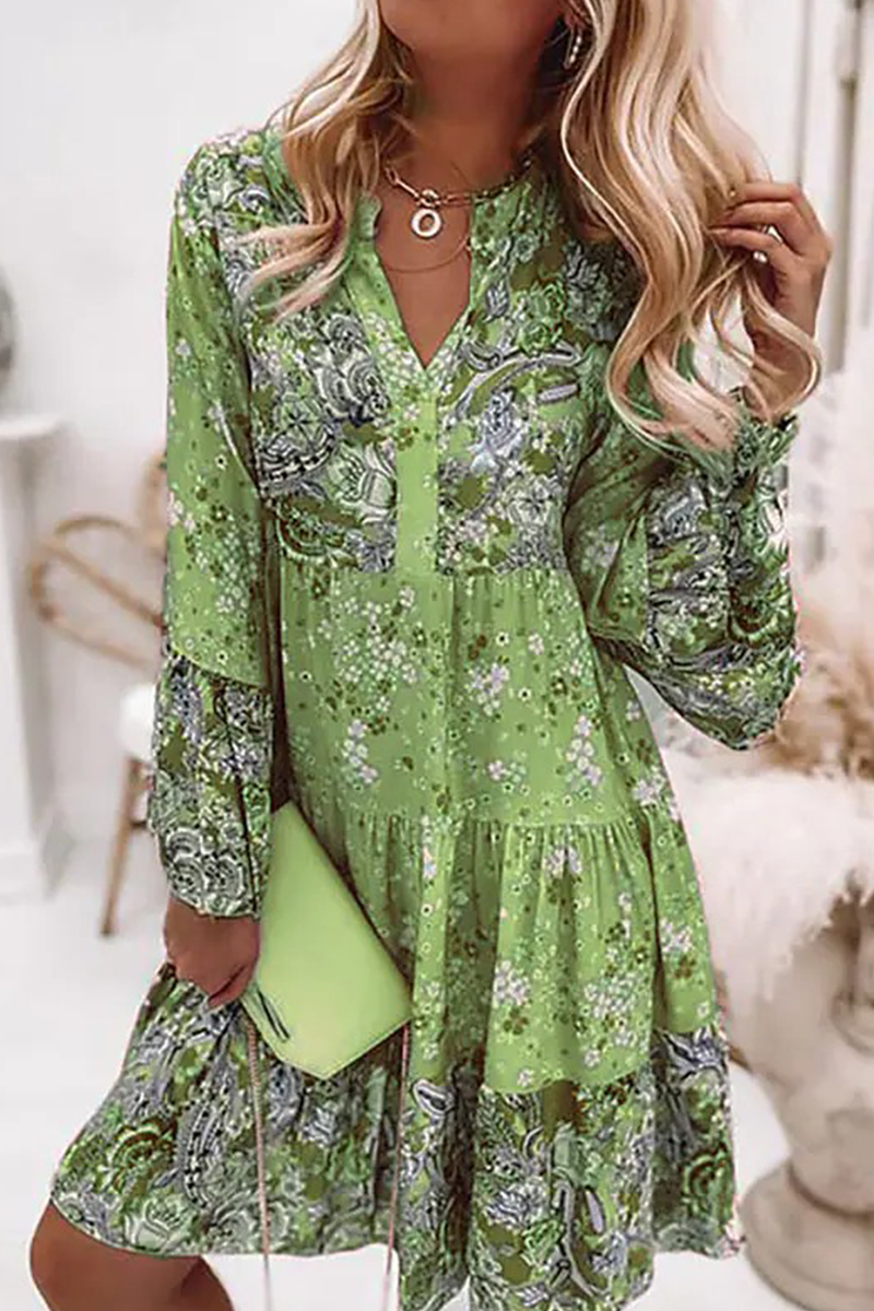 Print Patchwork V Neck Cake Skirt Dresses(3 Colors)