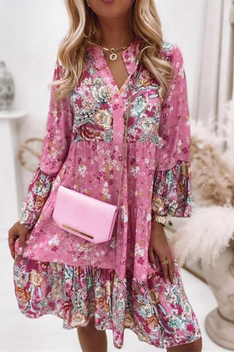 Print Patchwork V Neck Cake Skirt Dresses(3 Colors)
