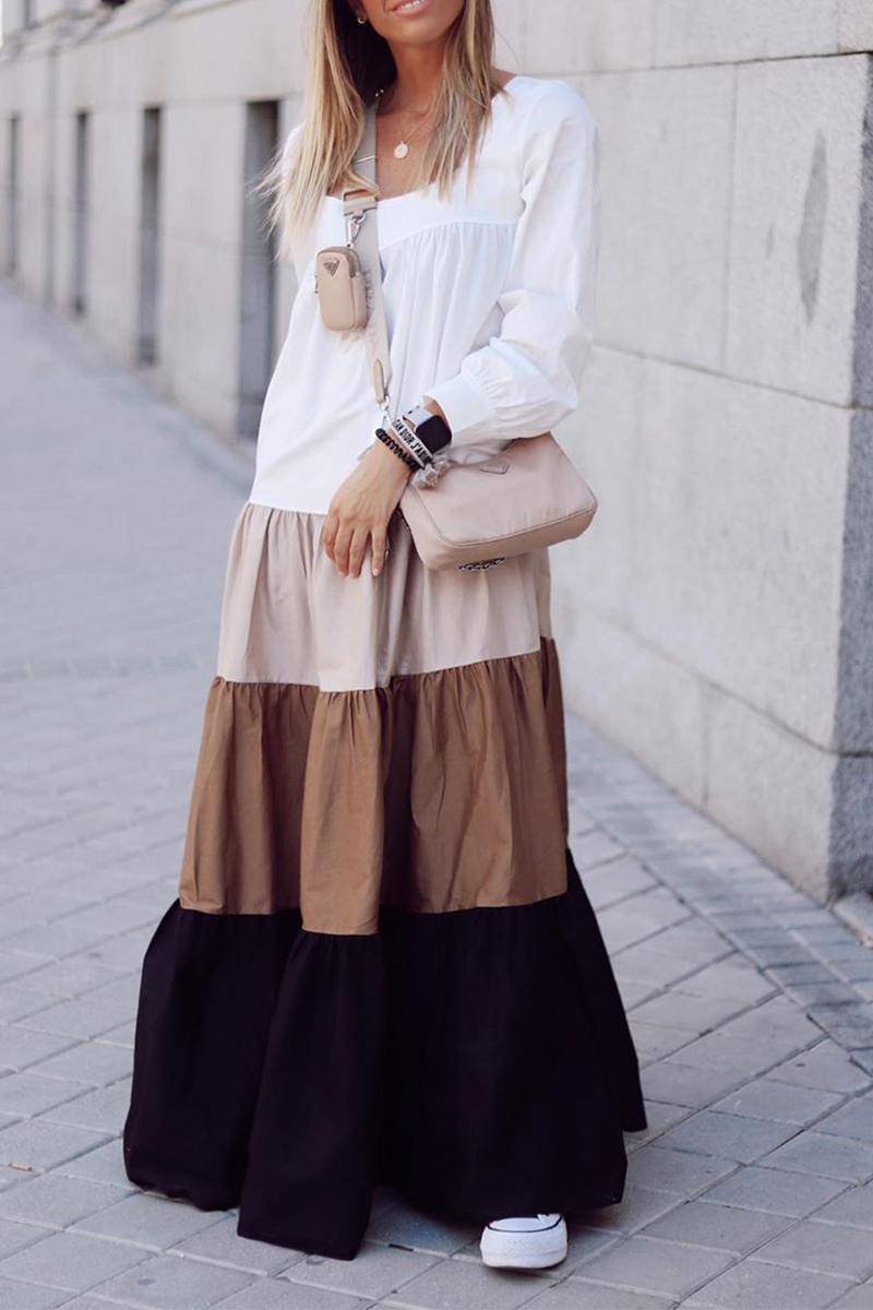 Patchwork Square Collar Cake Skirt Dresses