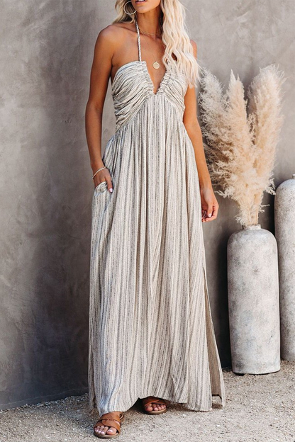 Striped Split Joint Halter Cake Skirt Dresses