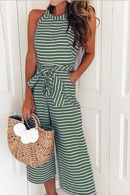 Striped Patchwork O Neck Loose Jumpsuits(5 Colors)