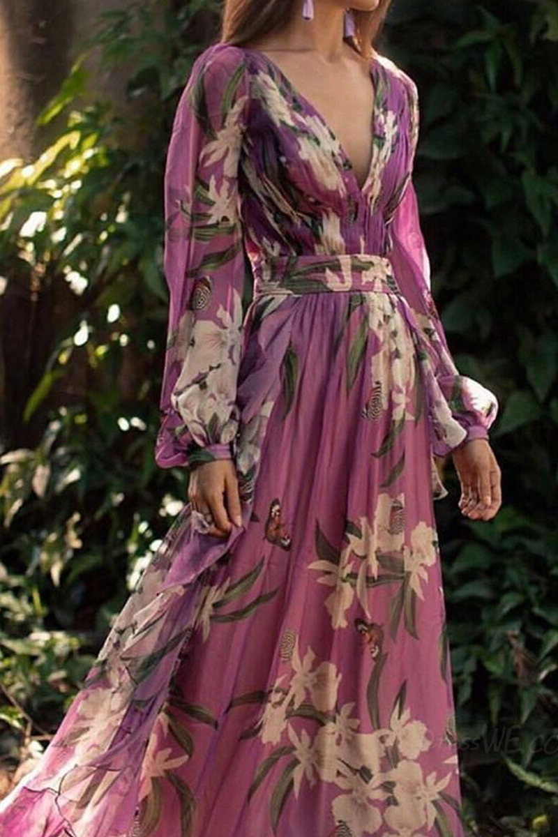 Print Mesh V Neck Waist Skirt Dresses
