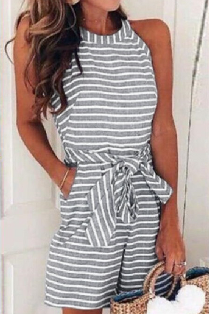 Patchwork Bandage With Belt O Neck Loose Jumpsuits(5 Colors)