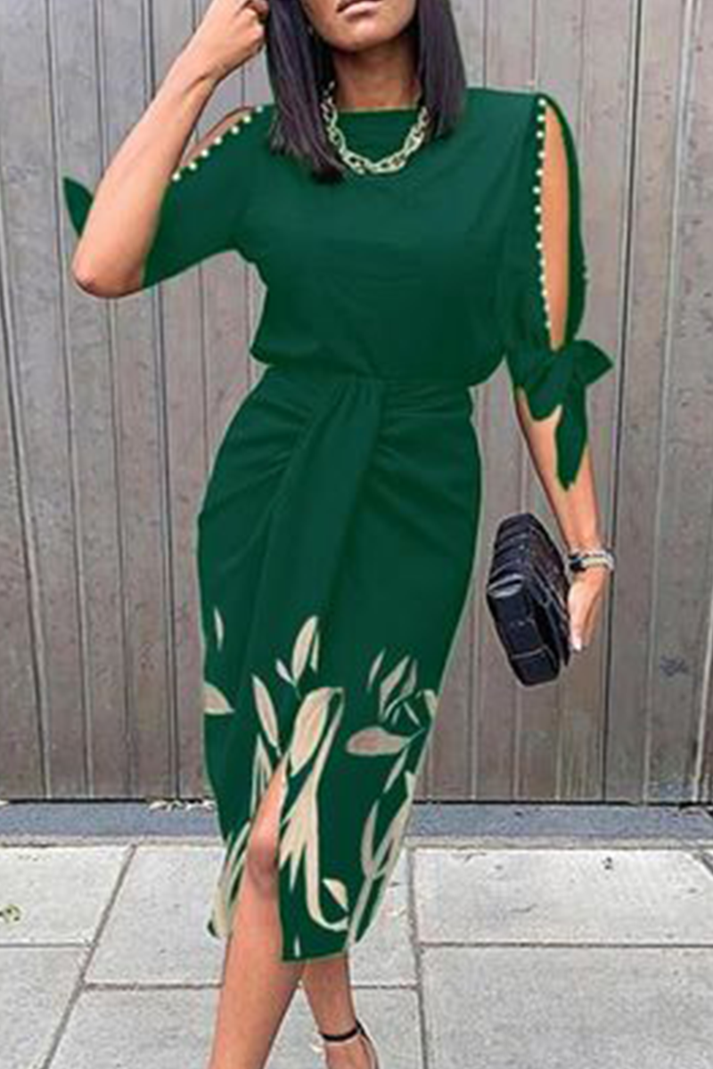 Print O Neck Waist Skirt Dresses(5 Colors)
