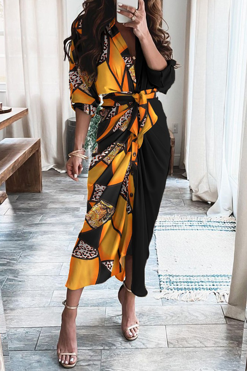 Print Patchwork V Neck Waist Skirt Dresses(12 Colors)