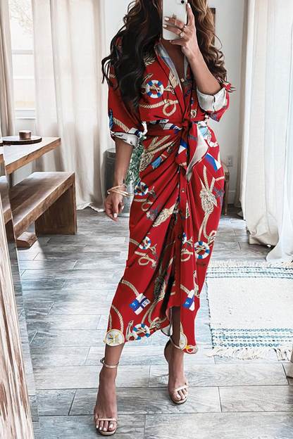 Print Patchwork V Neck Waist Skirt Dresses(12 Colors)