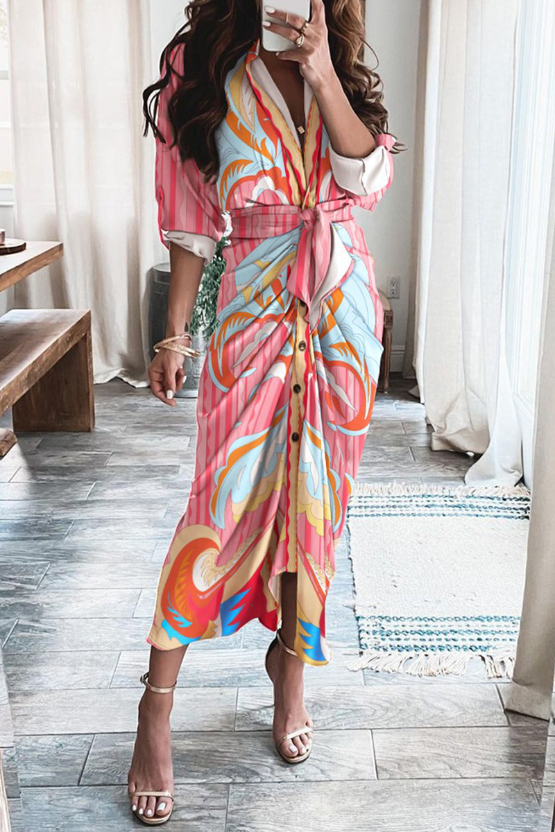 Print Patchwork V Neck Waist Skirt Dresses(12 Colors)